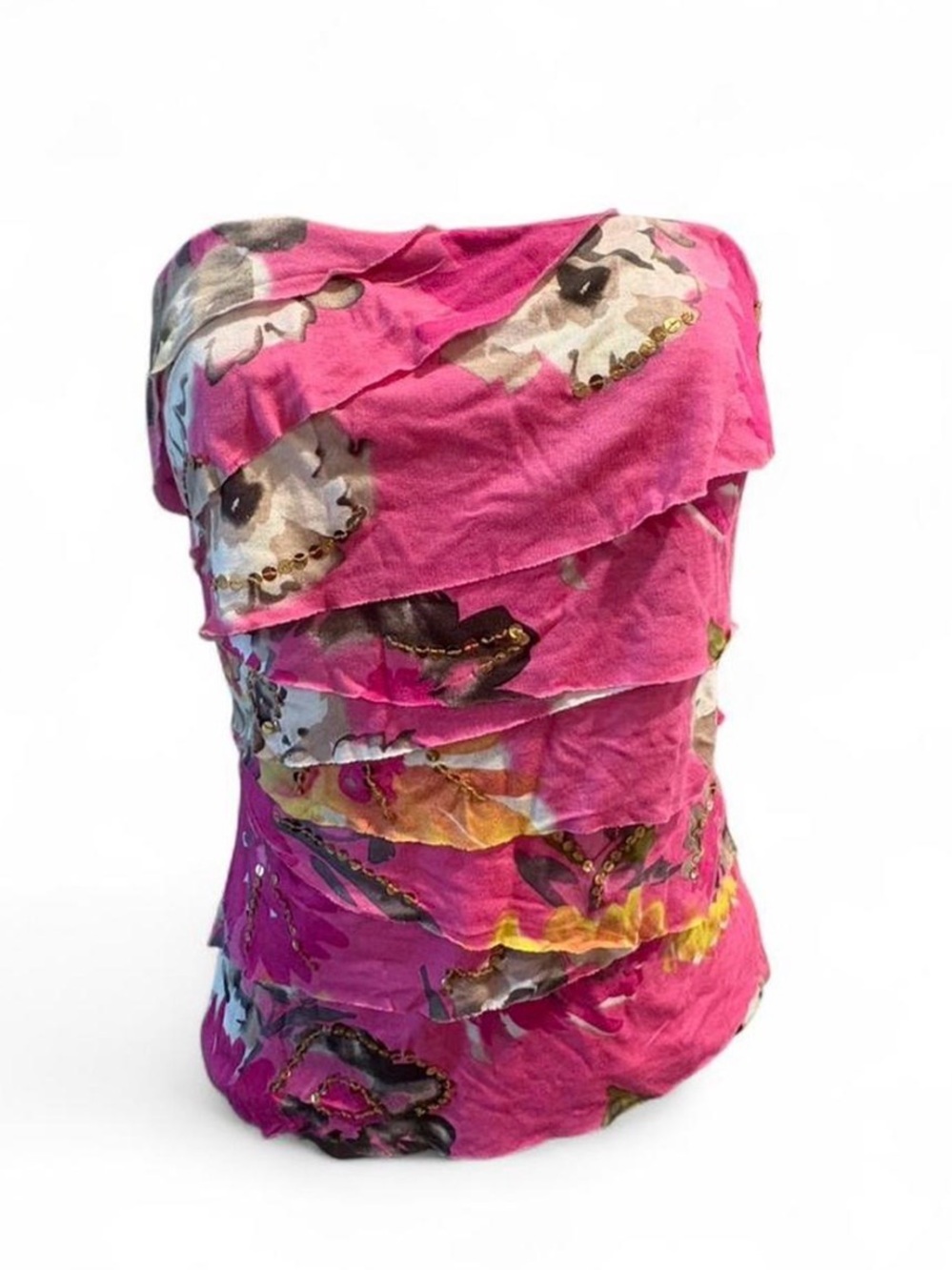INC Tuscan Mom Strapless Pink Floral Ruffled Tube Top Sz S